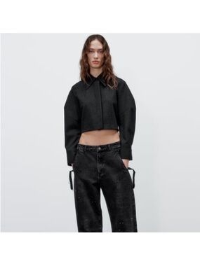 ZARA Cropped Black Button-Up Jacket - Modern Boxy Silhouette SIZE L NWT